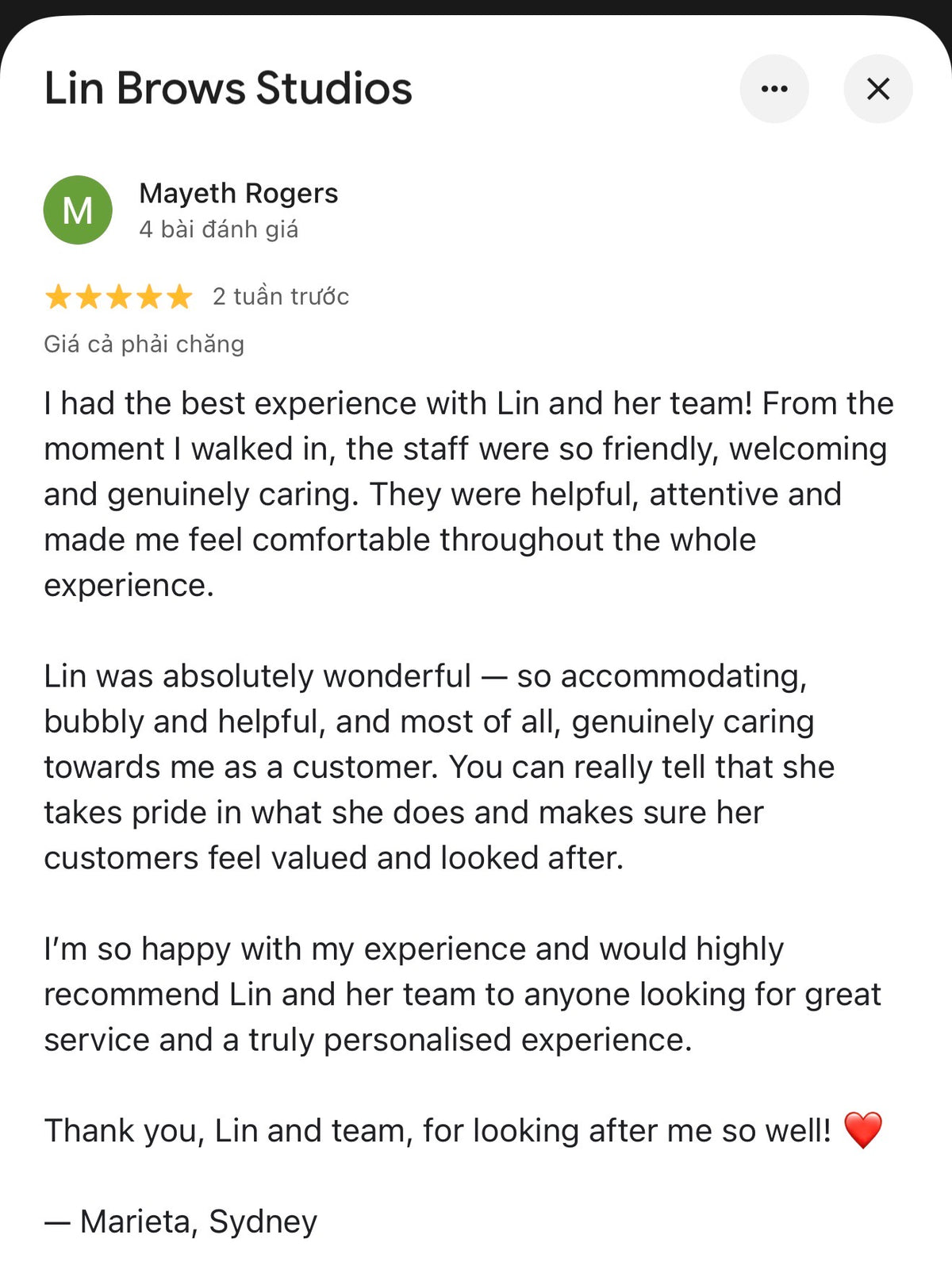 Customer feedback screenshot